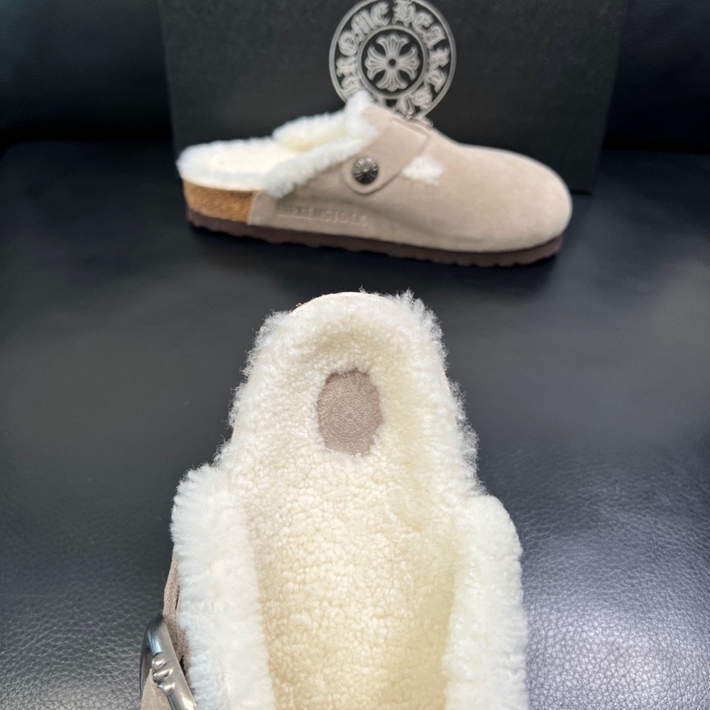 Chrome Hearts Cream Suede Shearling Clogs with Silver Buckle - Picture 7 of 9